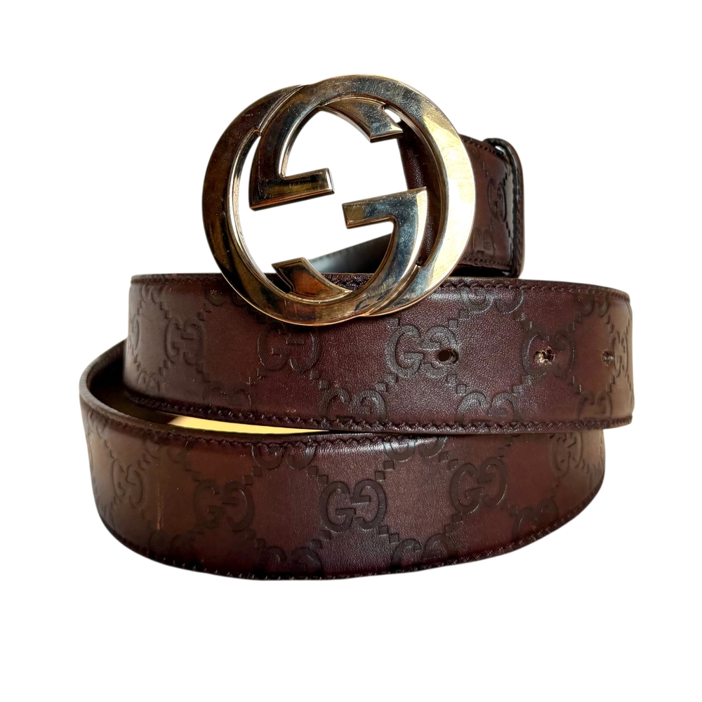 Gucci Brown Embossed GG Leather Belt with Gold Double G Buckle